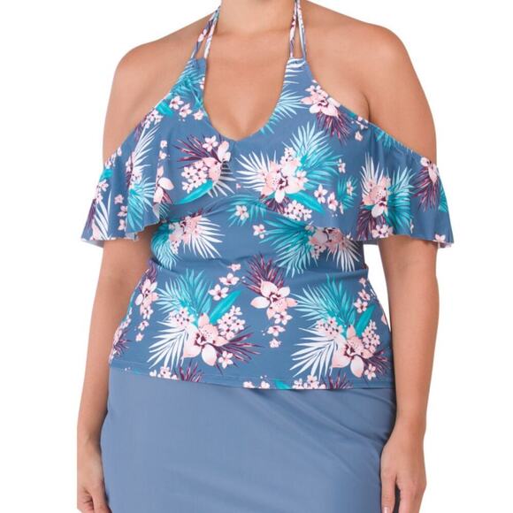 New Raisins Curve Women's Plus Tropical Floral Print Ruffle Swim Tankini Top - Picture 2 of 5